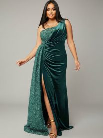 Plus Size One Shoulder Draped Sequin Burgundy Prom Dress PXH2356