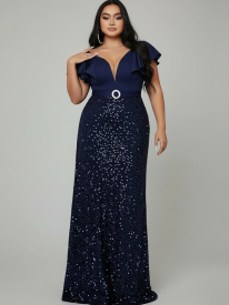 Plus Short Sleeve Sequin Belt Prom Dress PXL093
