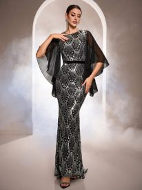 Flowy Cape Sleeves Geometric Sequin Formal Dress GM010195