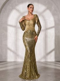 Green Graphic Sequin Ruched Formal Dress SL30182