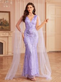 Lavander Sequin V-neck Mesh Evening Dress GM010155