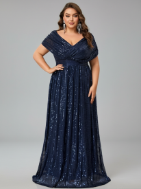 Elena Plus Navy Draped-Sleeve Formal Dress