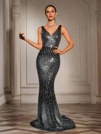 V-neck Mermaid Sequin Evening Dress RJ11510