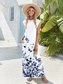 Women Floral Maxi Dress Summer Casual Sleeveless Sundress