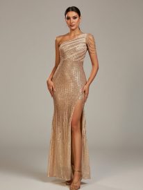 One Shoulder Beaded Sleeve Gradient Sequin Prom Dress M01599