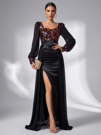 Long Sleeve Floral Sequin Draped Prom Dress SL30076