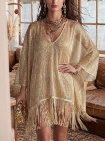 Luxury Shiny Metallic Textured Fringe Hem Cover Up