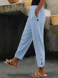 Summer Casual Elastic Waist Hollow Button Cuff Pants