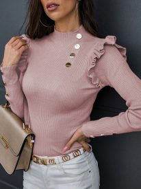 Elegant Ruffle Trim Button Detail Rib Blouse