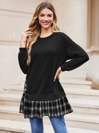 Women Oversized Sweatshirt Plaid Patchwork Dress