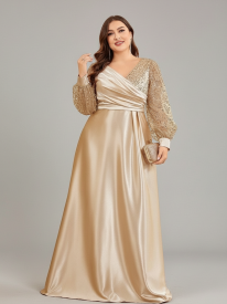 Lindsey Plus Satin Long-Sleeve Prom Dress