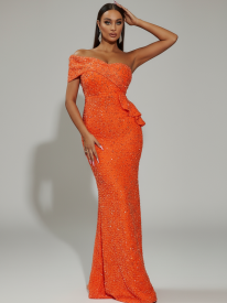Ruffled Sequin One Shoulder Mermaid Dress WY46