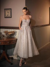 Glitter Spaghetti Strap Corset A-Line Midi Formal Dress XF251360
