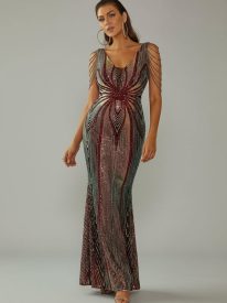 V Neck Elegant Multicolor Maxi Sequin Prom Dress M02092
