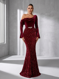 Burgundy Sequin One-Shoulder Mermaid Formal Dress SL30183