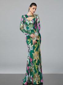 Long Sleeve Corset Cutout Floral Evening Dress DH80214