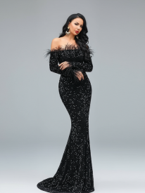 Off Shoulder Feather Sequin Evening Dress FT19005