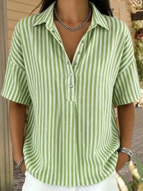 Casual Loose Vertical Striped Short Sleeve Henley Shirt