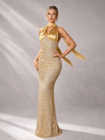 Gold Sequin Halter Backless Prom Dress SL30194