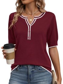 Casual V Neck Short Sleeve Knit Sweater (US Only)