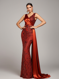 Elegant Drape Satin Embellished Evening Dress RJ12169