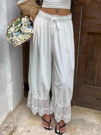 Boho Lace Splicing Hem Wide-Leg Lantern Pants