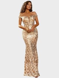 Skinny Off The Shoulder Sequin Gold Evening Dress WY91
