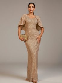 Puncho Back Puff Sleeve Sequin Evening Dress XH2266