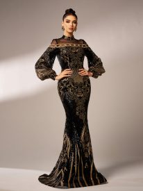 Luxe Embroidered Ballon Sleeve Evening Dress DH80229