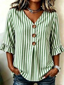 Elegant Striped V-neck Half Sleeve Blouse