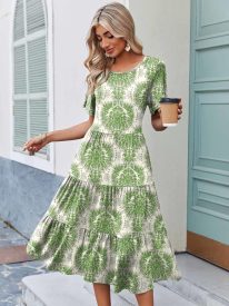 Midi Floral Flutter Short Sleeve Casual Dresses with Pockets