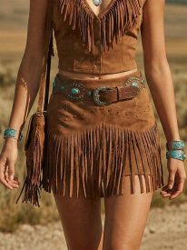 Western Cowgirl Faux Suede Fringe Mini Skirts