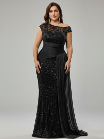 Fawn Plus Black Sequin One-Shoulder Dress