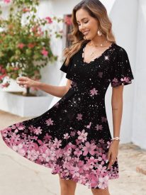 Womens Casual Swing Floral Ruffle Short Sleeve Sundresses