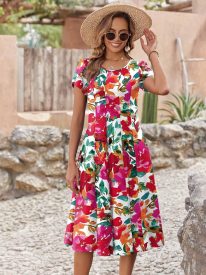 Womens Casual Dress Short Sleeve Pleated Loose Flowy Dress
