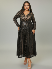 Plus V-neck Long Sleeve Sequin Dress PRJ10179