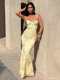 Floral Embroidered Spaghetti Mermaid Maxi Dress XF251327