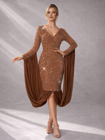 Clarissa Flowy Draped Sequin Cocktail Dress