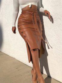 High Waist Side Split PU Midi Skirt