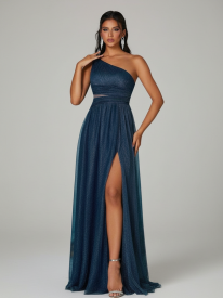 One Shoulder Mesh Pleated Prom Dress MCW1149