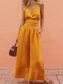 Lace-up Crop Tank Long Pants Sets