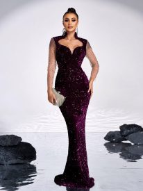 Sequin Panel Mesh Sleeve Mermaid Formal Dress GM00635