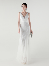 V-neck Sleeveless Sequin Mesh Backless Bridal Dress GM90173