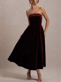 Burgundy Velvet Strapless Prom Dress XF251195