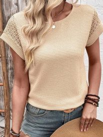 Versatile Waffle Lace Patchwork Batwing Sleeves T-shirt