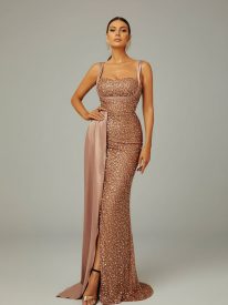 Ribbon Corset Sequin Maxi Prom Dress XH2162