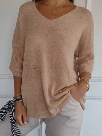Soft Knit 3/4 Sleeve V-neck Pullover Sweater