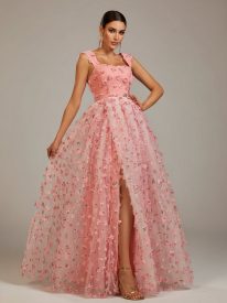 Appliqued Pink Camisole Floral Tulle Dress GM00142