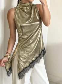 Fashion Asymmetrical Lace-trimmed Slit Hem Sleeveless Vest