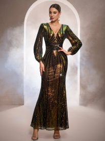 Black Iridescent Sequin Puff Sleeve Formal Dress GM0102